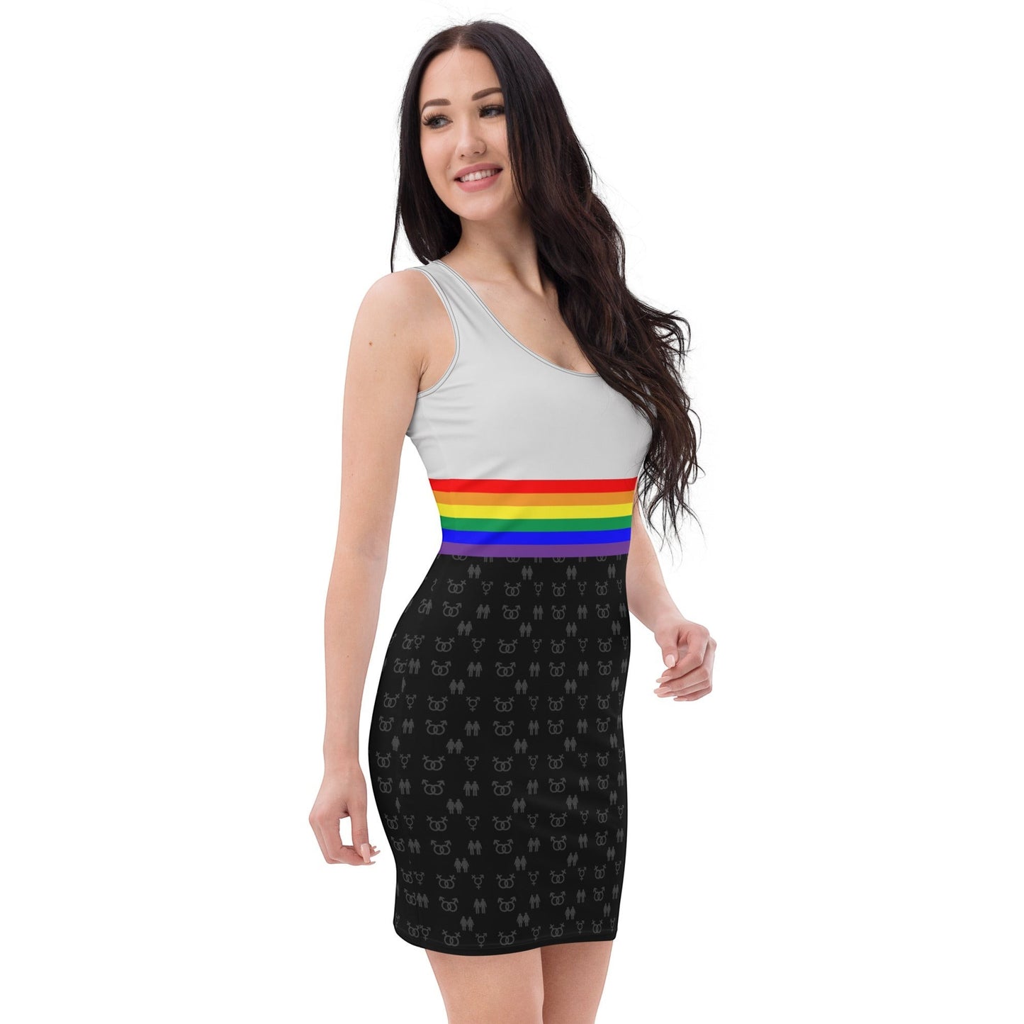 65mcmlxv womens bodycon dress with rainbow flag stripe and subtle grey LGBTQ symbols on black fabric.