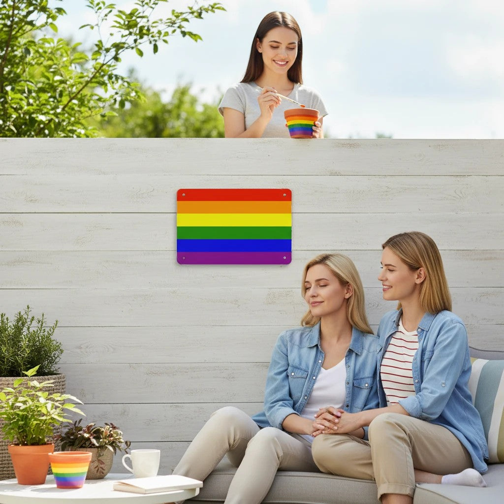 65mcmlxv rainbow flag metal plate with 6 colors, 7.9" x 11.8", 4 pre-drilled holes for hanging.