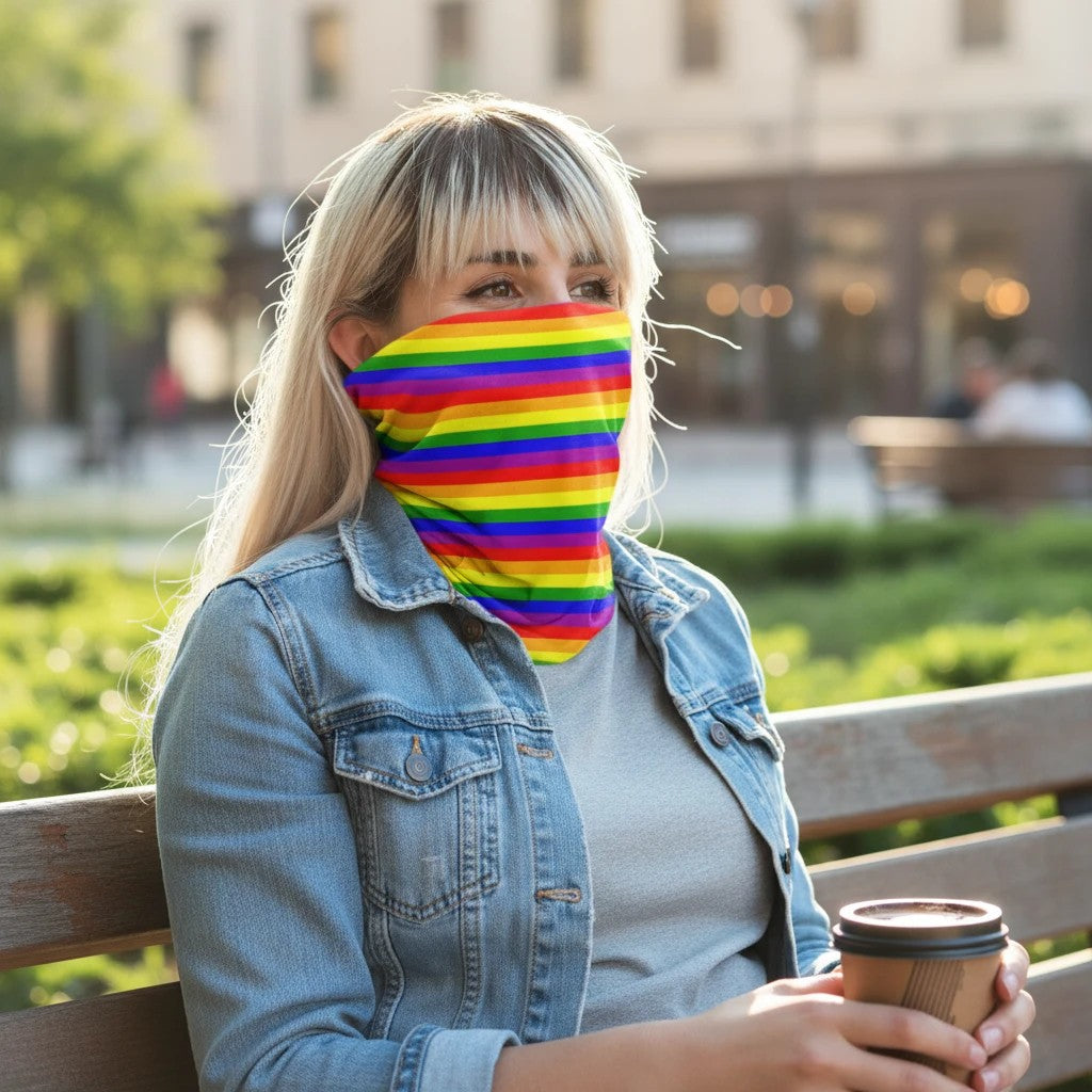 65mcmlxv unisex neck gaiter with rainbow flag stripes, polyester-lycra blend, can cover nose, mouth, and ears.