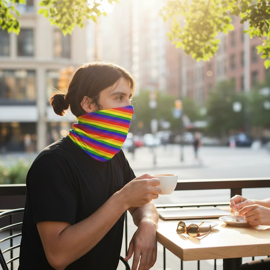 65mcmlxv unisex neck gaiter with rainbow flag stripes, polyester-lycra blend, filter pocket. Versatile for face or neck.