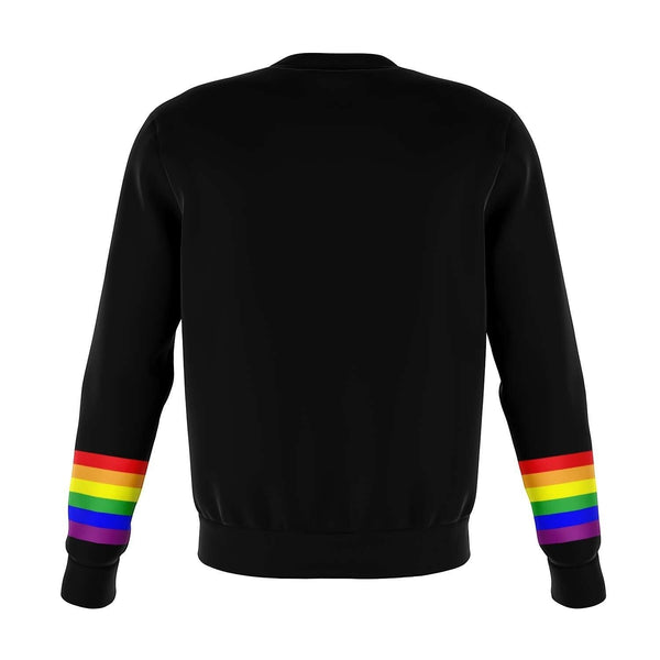 65mcmlxv black unisex sweatshirt with rainbow flag stripes on the sleeves, made from recycled polyester and spandex.