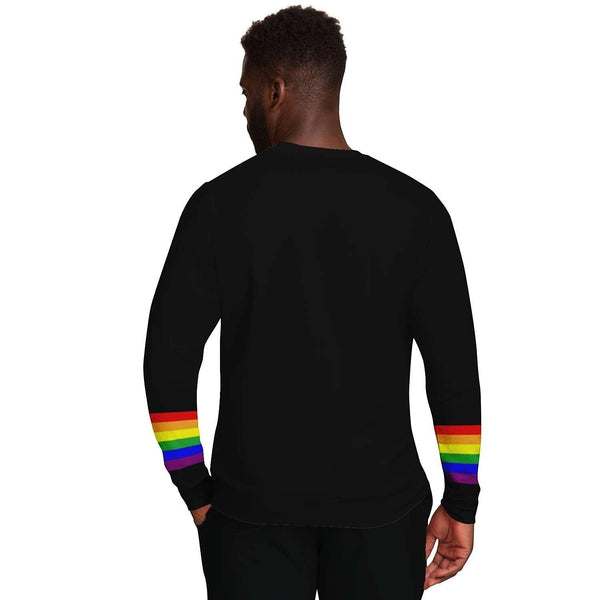 65mcmlxv Unisex black sweatshirt with rainbow flag stripes on sleeves. Recycled polyester blend with fleece lining.