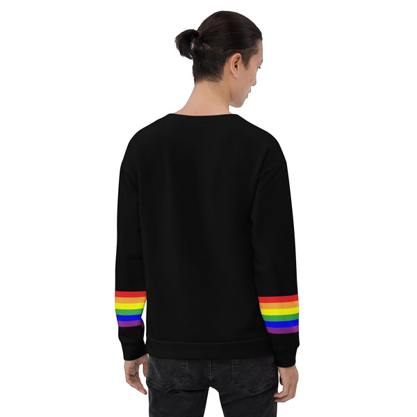 65mcmlxv black unisex sweatshirt with rainbow flag stripes on the sleeves, made from recycled polyester and spandex.