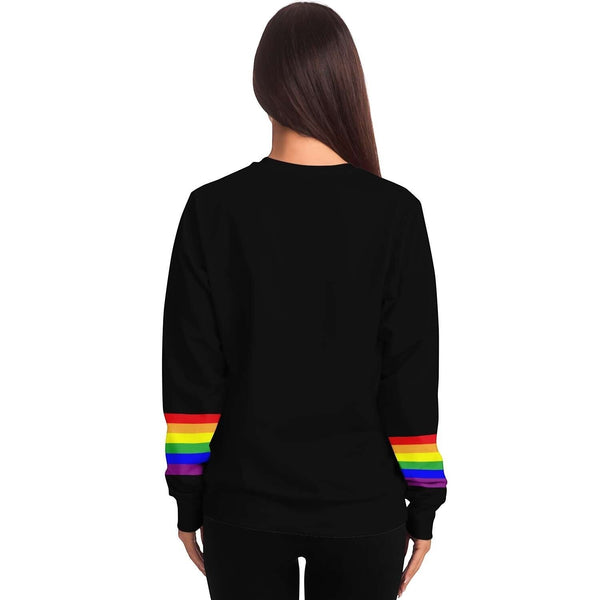 65mcmlxv black unisex sweatshirt with rainbow flag stripes on the cuffs, made from recycled polyester and spandex.