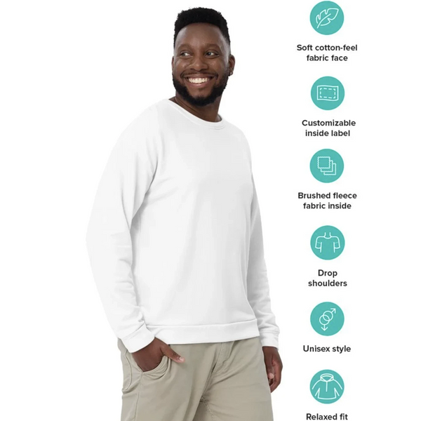 65mcmlxv Unisex white sweatshirt with rainbow flag stars print, soft cotton-feel face, brushed fleece inside.