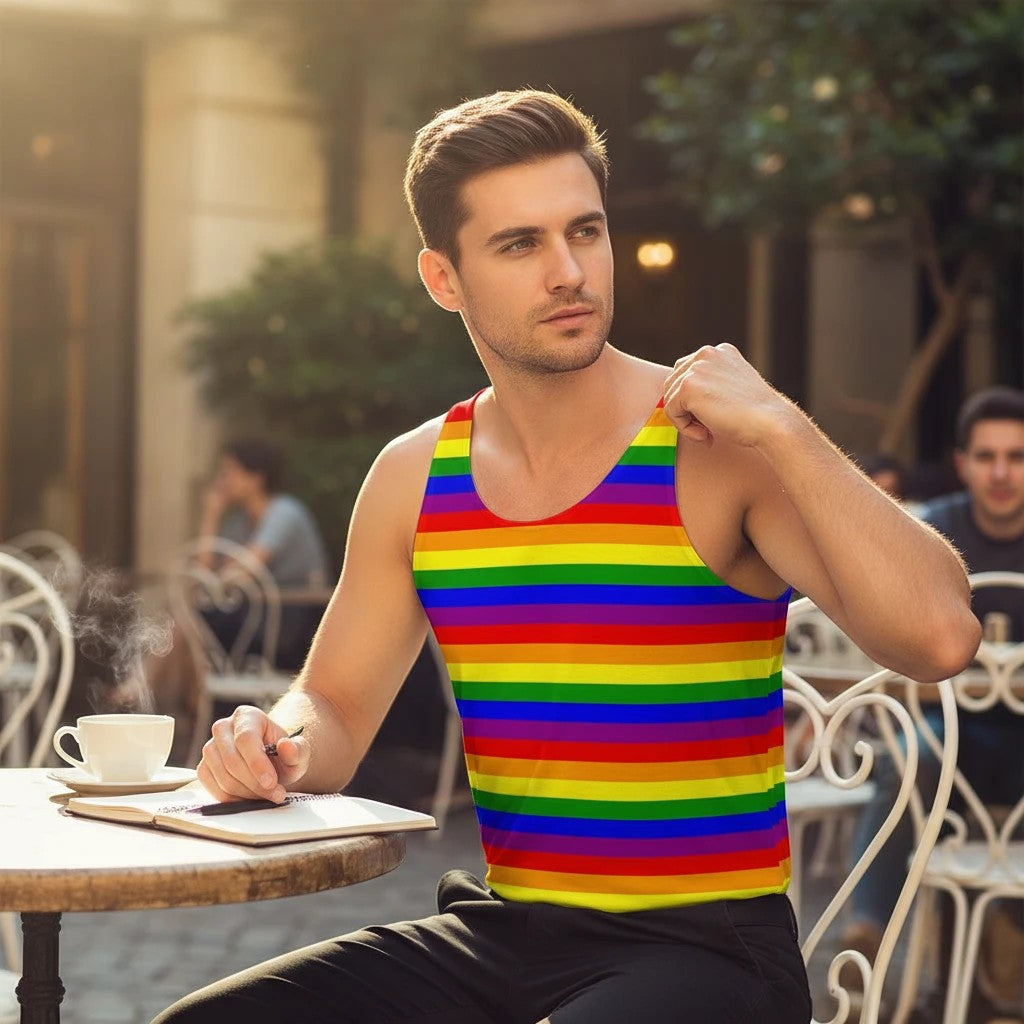 65mcmlxv unisex rainbow flag stripe print polyester tank top. Sleeveless, dual stitch detailing.