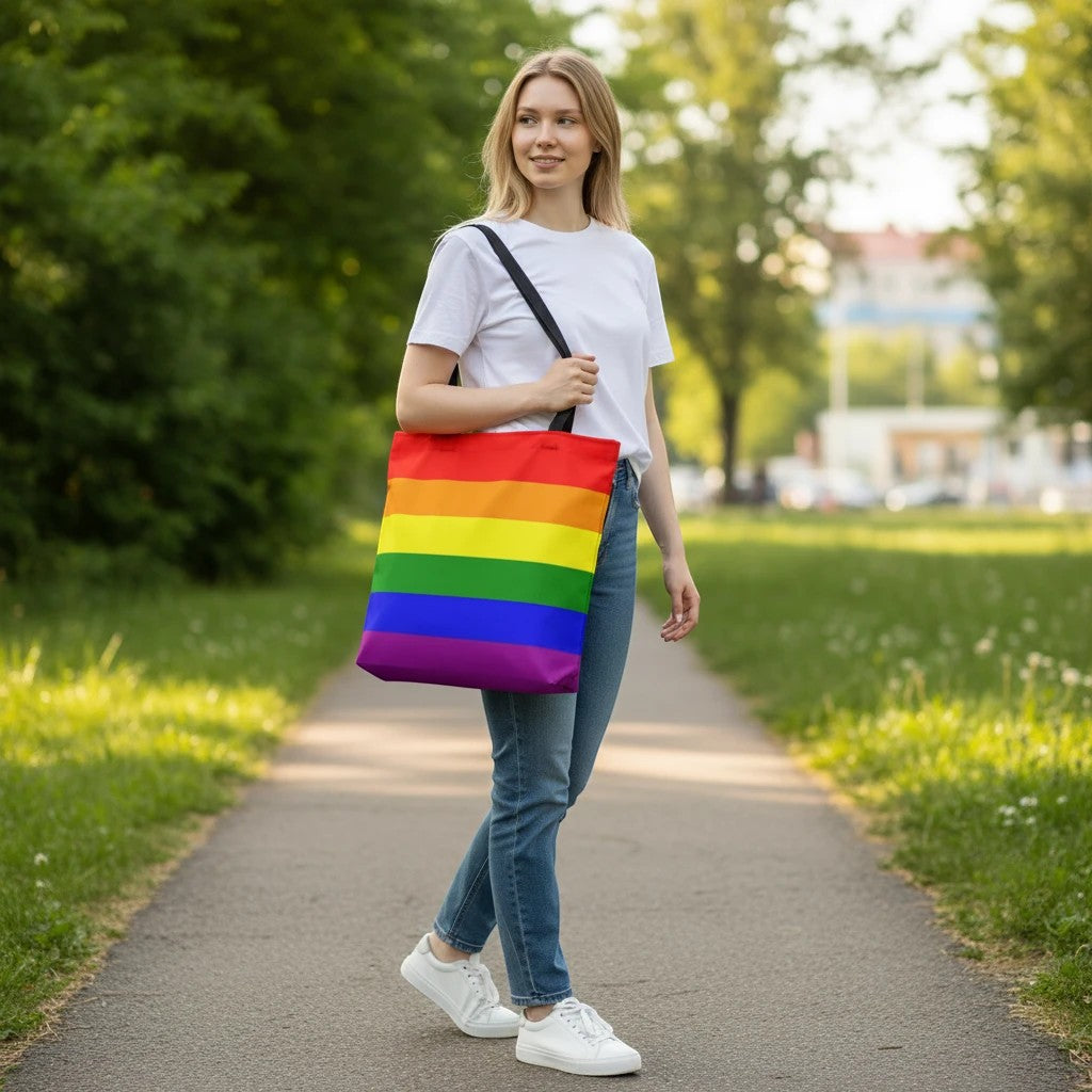 65mcmlxv large rainbow flag print tote bag with black handles and lining, made of polyester.