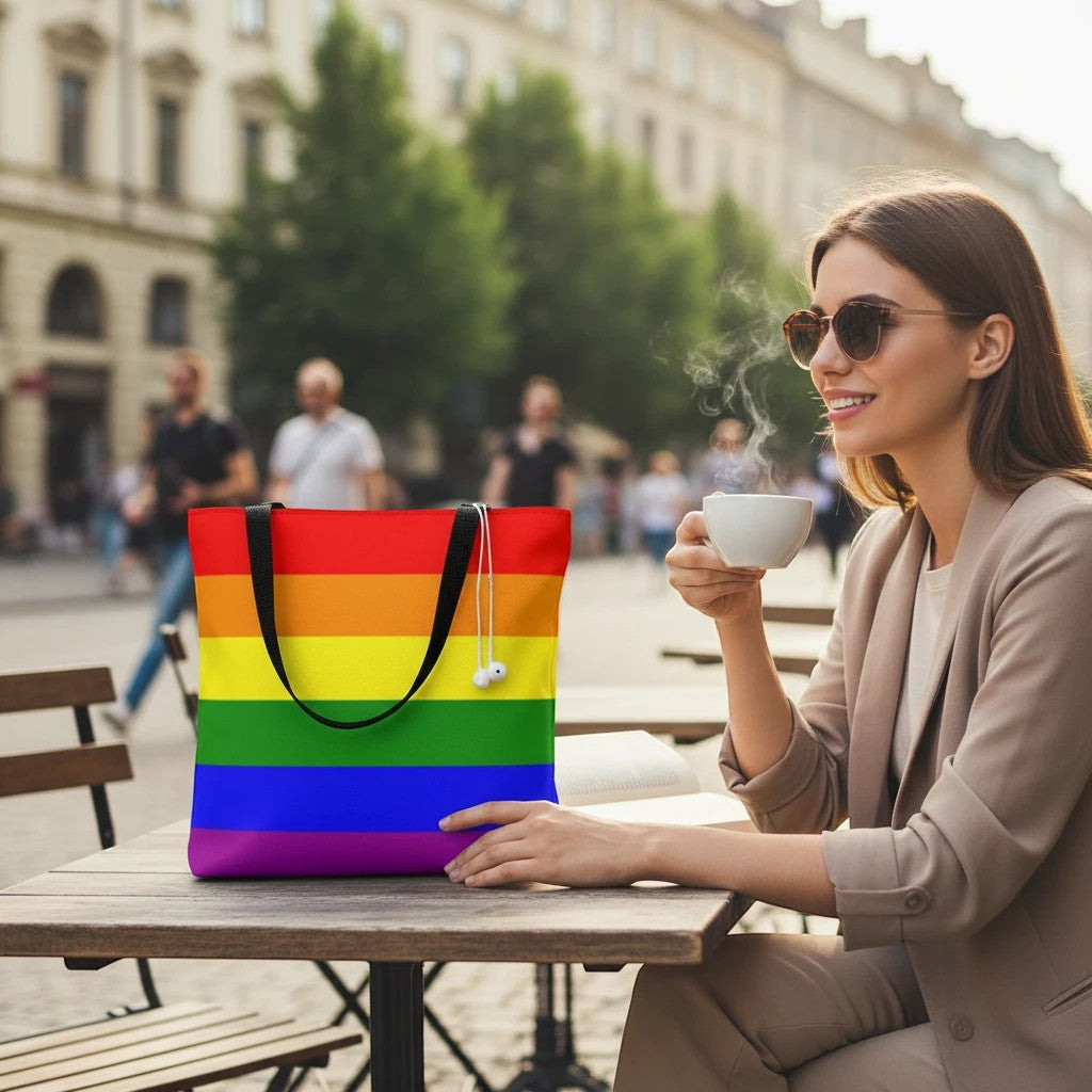 65mcmlxv large rainbow flag print tote bag made of polyester with black handles and lining.