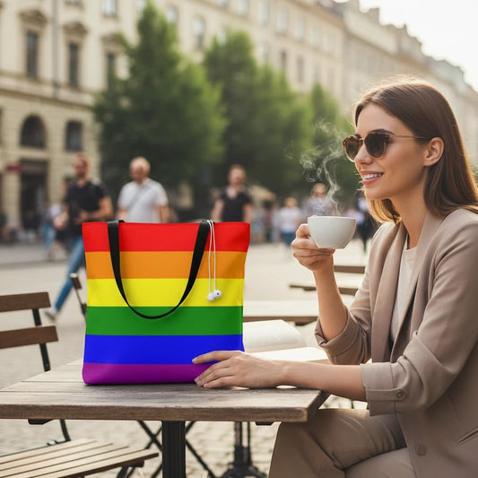 65mcmlxv large rainbow flag print tote bag made of polyester with black handles and lining.