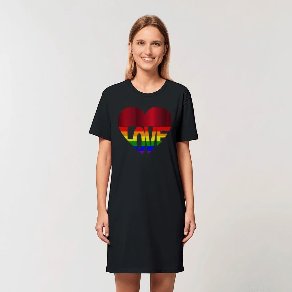 65mcmlxv black organic cotton t-shirt dress with rainbow heart graphic and the word LOVE.