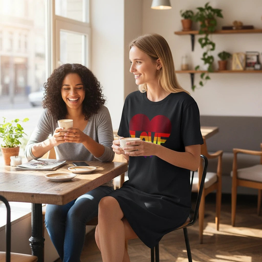 65mcmlxv black organic cotton t-shirt dress with rainbow heart graphic and the word LOVE.