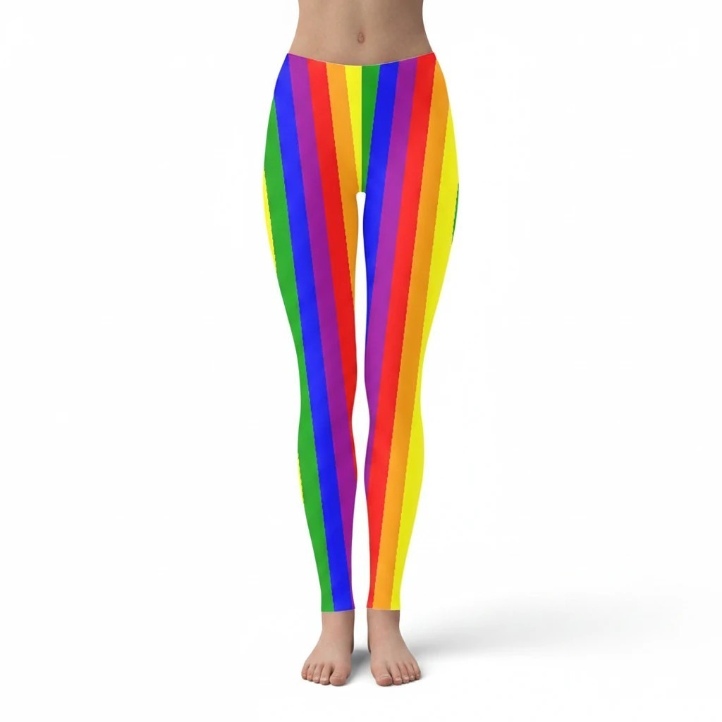 65mcmlxv women's rainbow flag stripe print leggings, polyester and spandex blend with four-way stretch and elastic waistband.