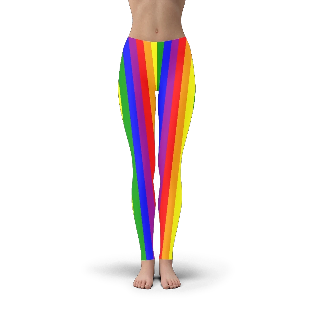 65mcmlxv women's rainbow stripe print leggings. Polyester-spandex blend with four-way stretch and elastic waistband.
