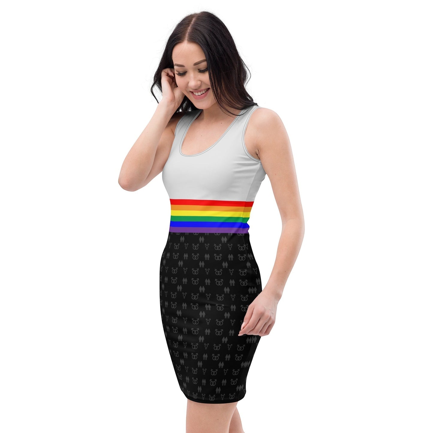 65mcmlxv white tank dress with rainbow stripe and black LGBTQ symbols. Polyester-spandex blend.