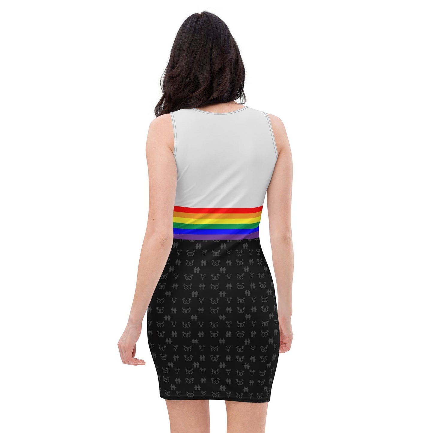 65mcmlxv white sleeveless bodycon dress with rainbow stripe and subtle LGBTQ symbols on black skirt.