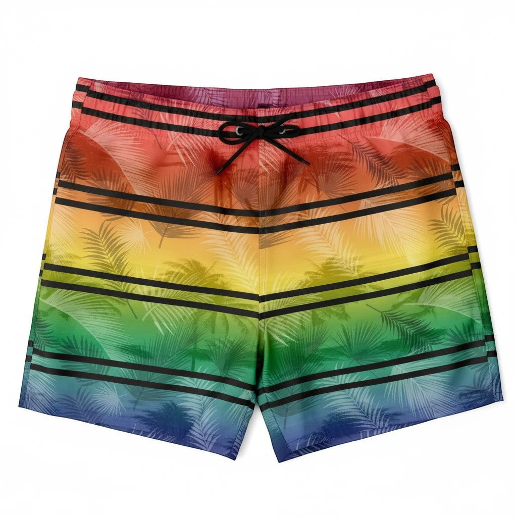 65 MCMLXV men's rainbow palm print swim trunks with black stripes and drawstring waist. Polyester.