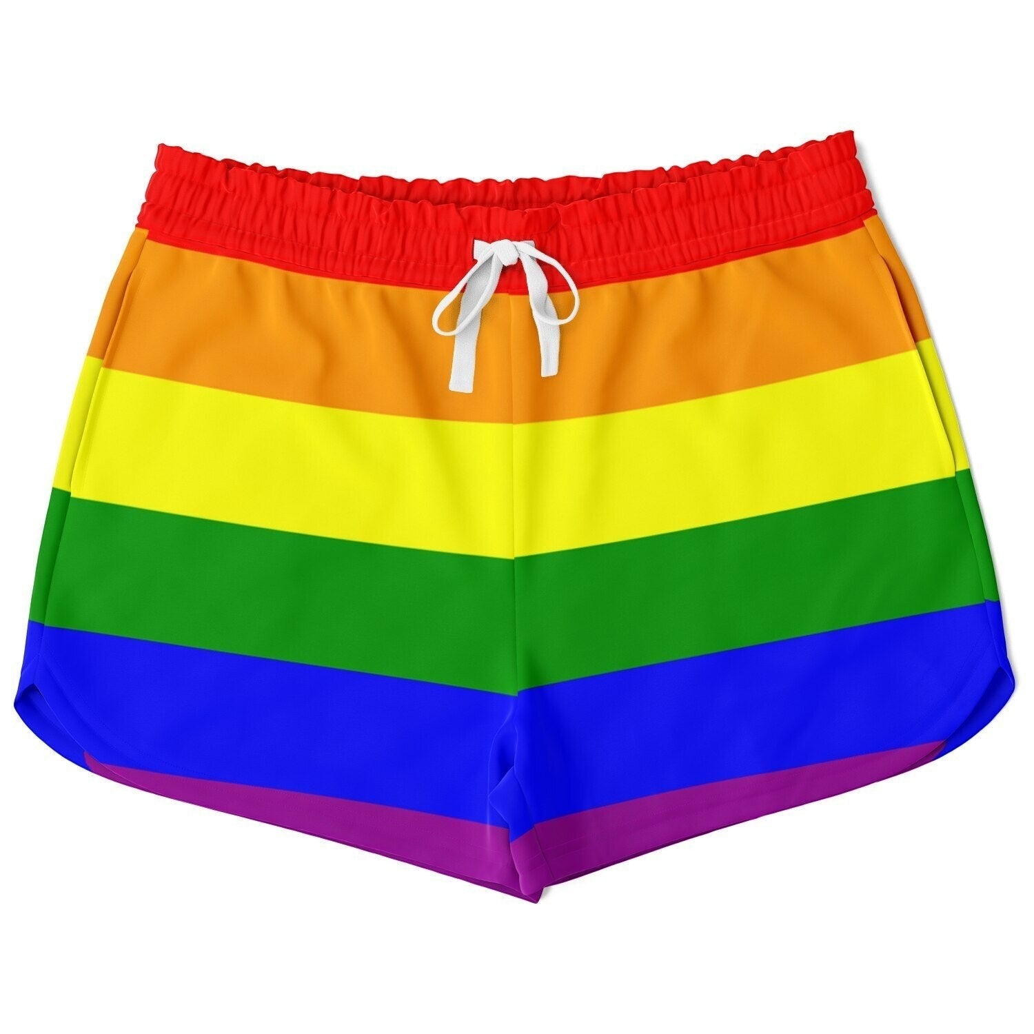 65mcmlxv women's rainbow flag athletic shorts with red waistband and white drawstring. Loose fit, 95% recycled polyester.