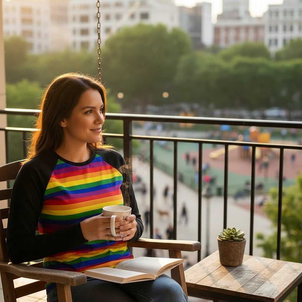 65mcmlxv unisex rainbow stripe baseball long sleeve t-shirt, crew neck, 100% polyester front and back, cotton blend sleeves.