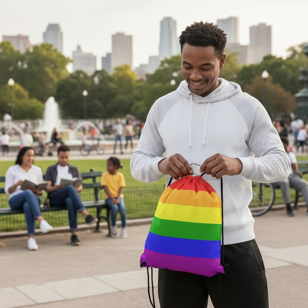 65mcmlxv rainbow flag print drawstring backpack made of spun polyester with twin cotton handles and drawstring closure.