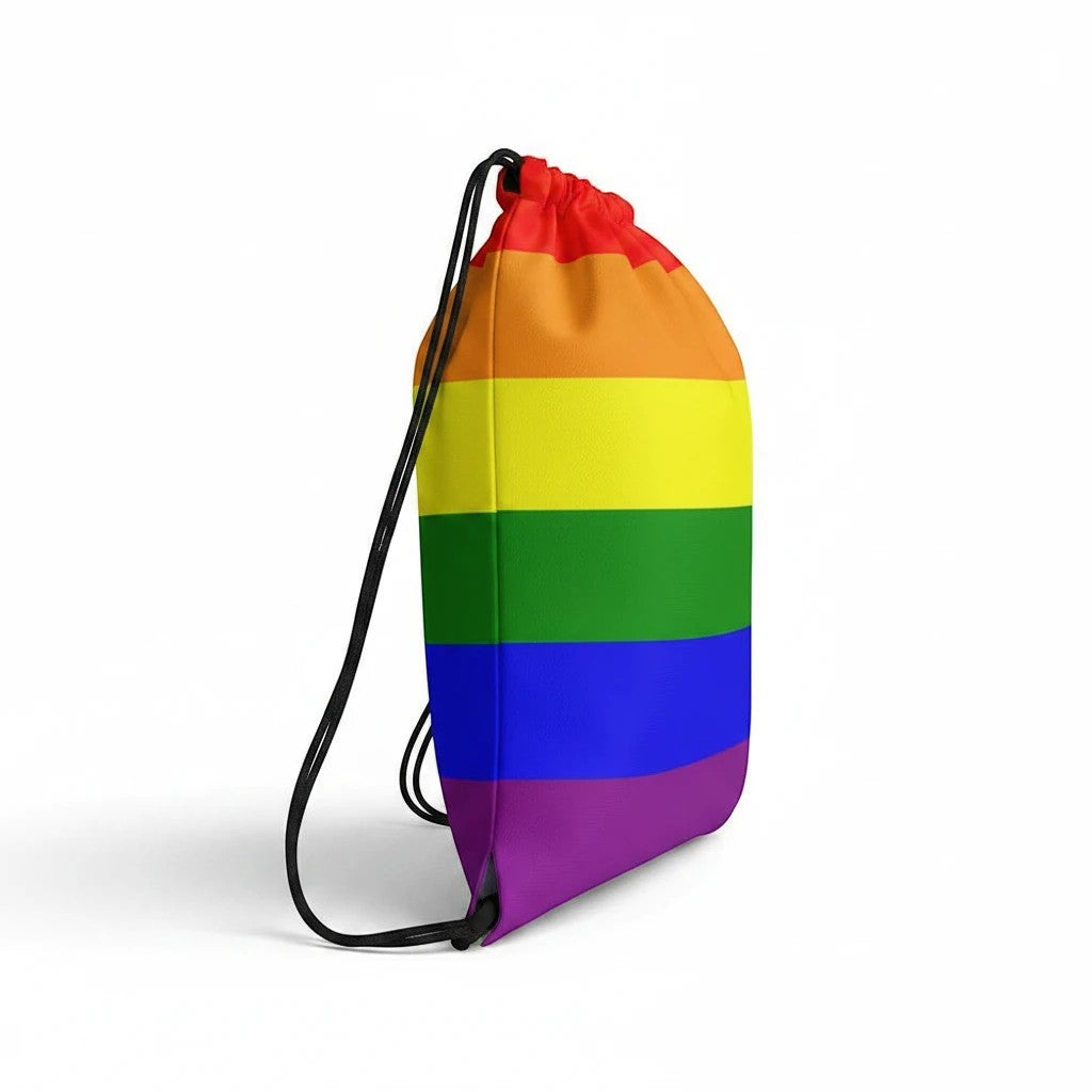 65mcmlxv rainbow flag print drawstring backpack made of spun polyester with black shoulder straps.