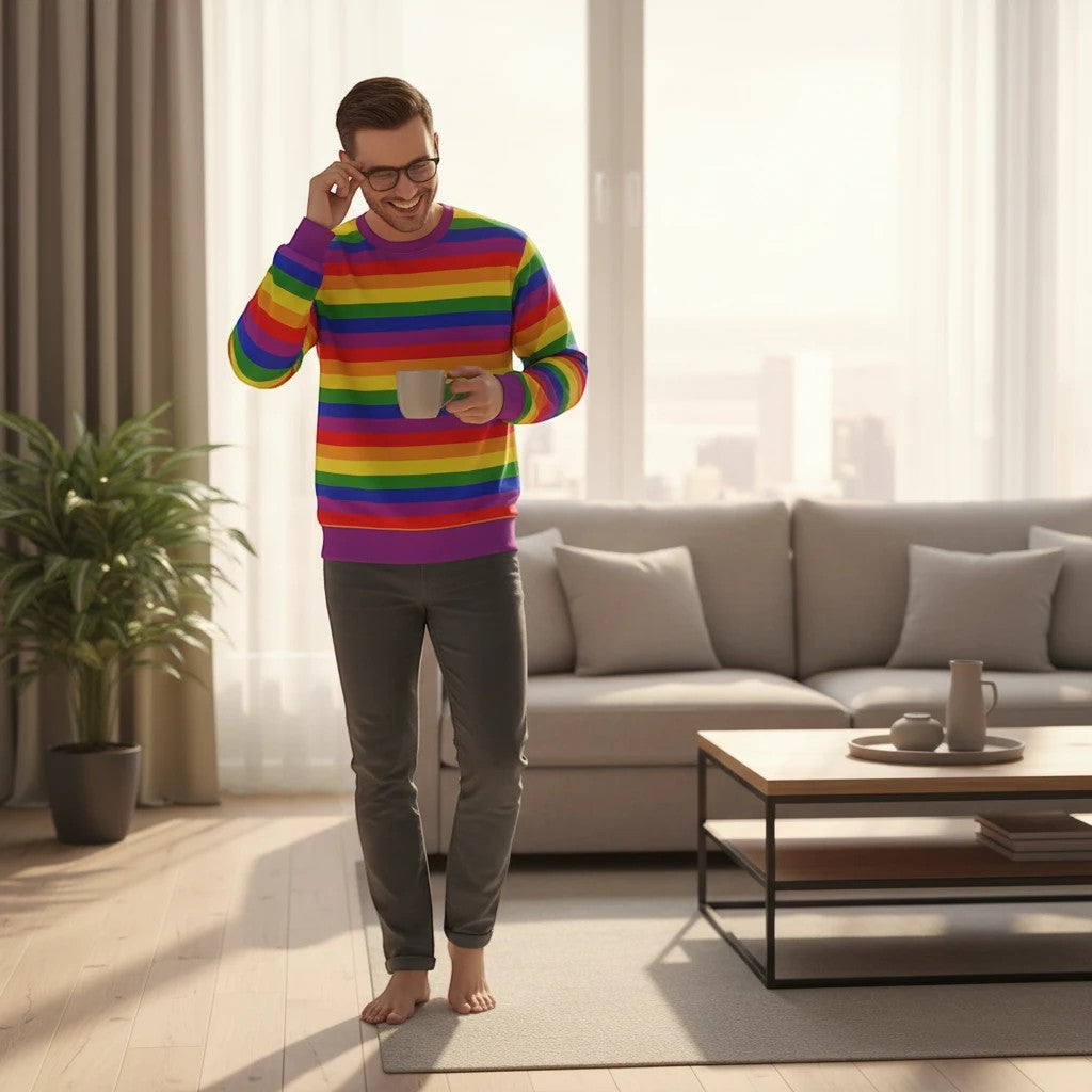 65mcmlxv unisex rainbow stripe performance sweatshirt made from polyester spandex blend. Model is wearing grey pants and holding a mug.