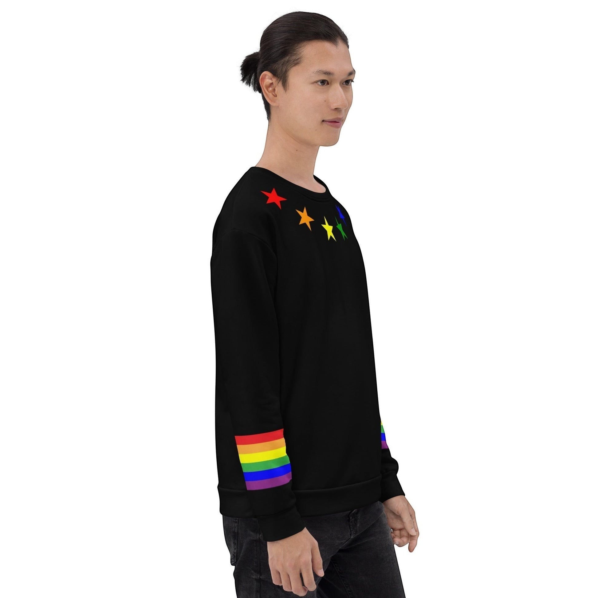 65mcmlxv black unisex sweatshirt with rainbow flag stars on shoulders and rainbow stripes on cuffs. Made from recycled polyester.