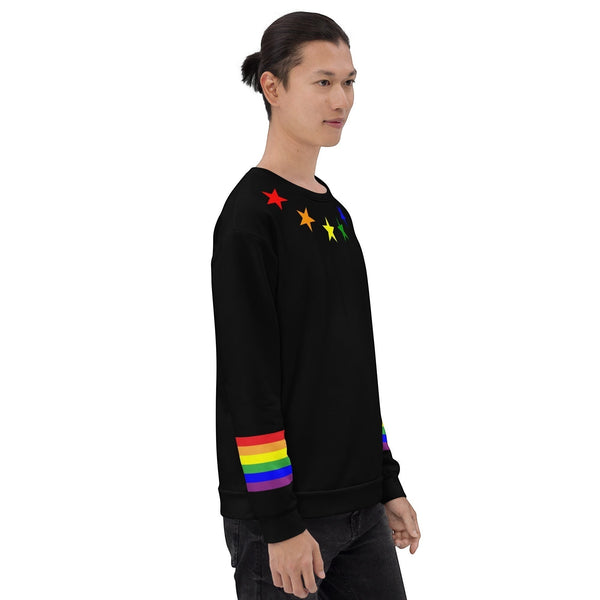 65mcmlxv black unisex sweatshirt with rainbow flag stars on shoulders and rainbow stripes on cuffs. Made from recycled polyester.