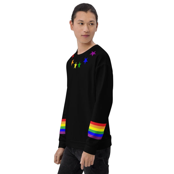 65mcmlxv black unisex sweatshirt with rainbow flag stars on the collar and rainbow stripes on the cuffs. Made from recycled polyester.