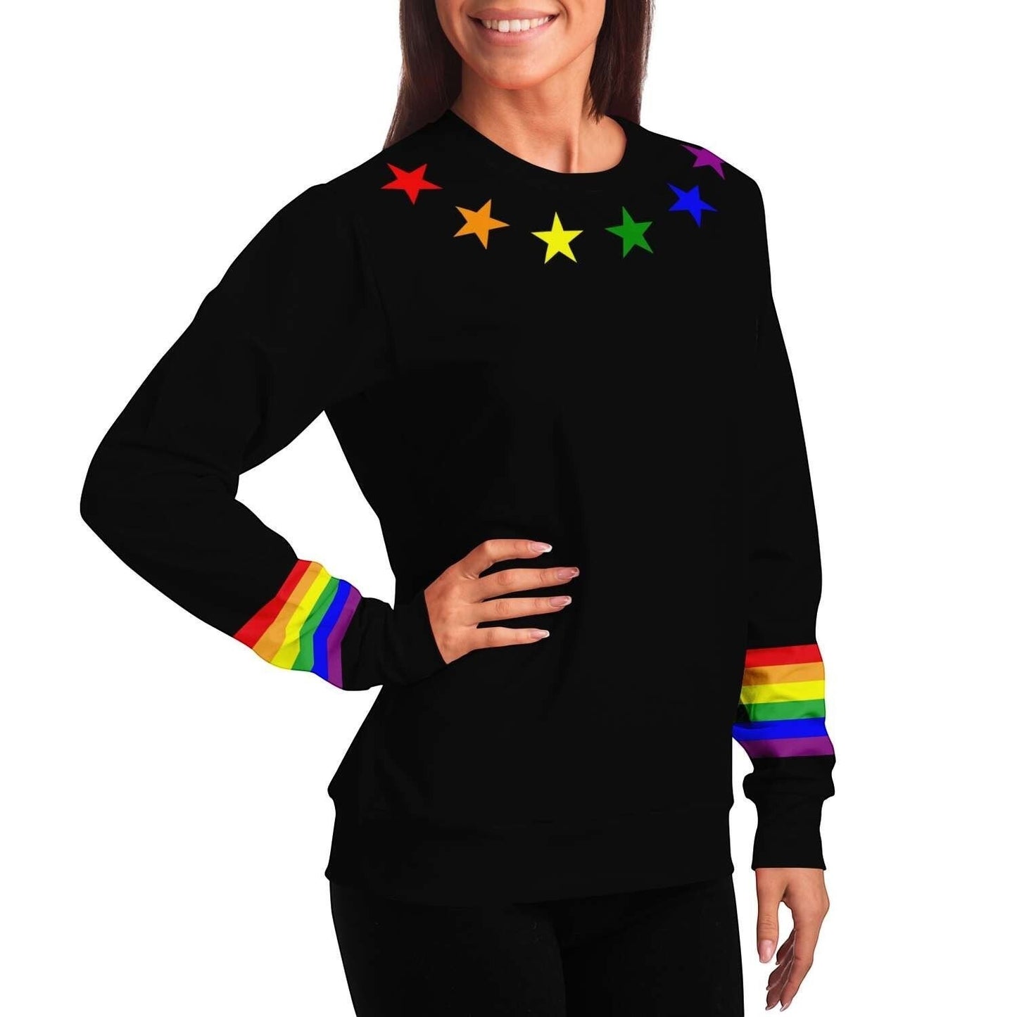 65mcmlxv black unisex sweatshirt with rainbow flag stars on shoulders and rainbow stripes on cuffs. Recycled polyester blend.