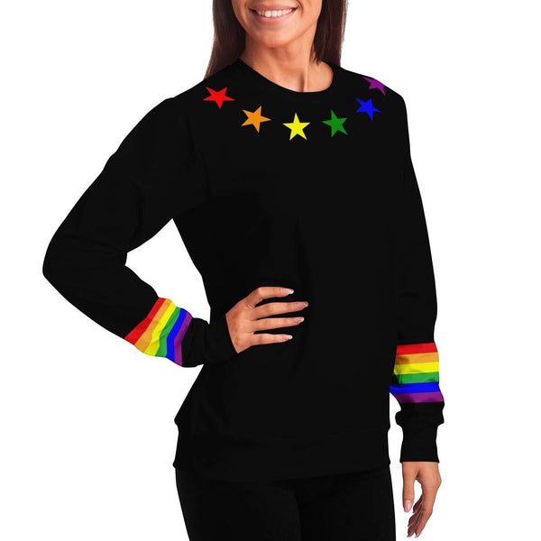 65mcmlxv black unisex sweatshirt with rainbow flag stars on shoulders and rainbow stripes on cuffs. Recycled polyester blend.