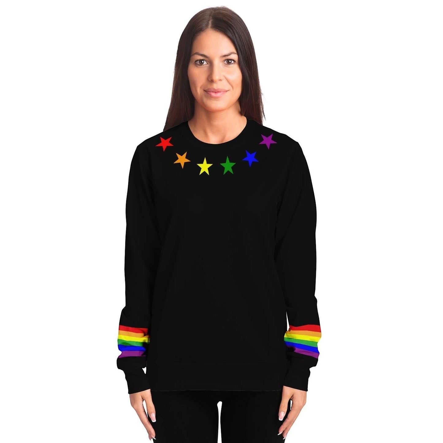65mcmlxv black unisex sweatshirt with rainbow flag stars on collar and cuffs. Made from recycled polyester and spandex.