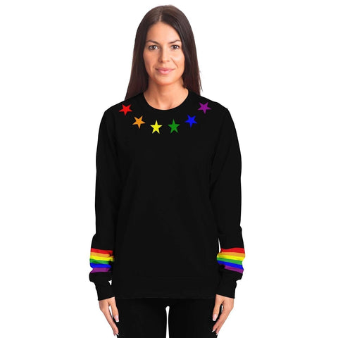 65mcmlxv black unisex sweatshirt with rainbow flag stars on collar and cuffs. Made from recycled polyester and spandex.