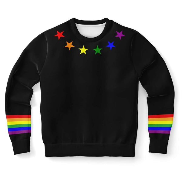 65mcmlxv black unisex sweatshirt with rainbow flag stars on the collar and rainbow stripes on the cuffs. Made from recycled polyester.