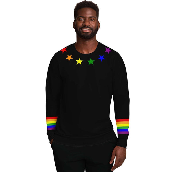 65mcmlxv black unisex sweatshirt with rainbow stars on shoulders and rainbow stripes on cuffs. Made of recycled polyester and spandex.