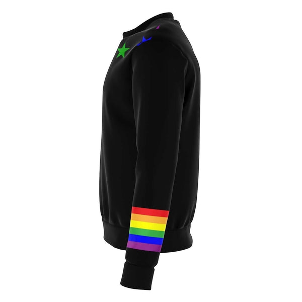 65mcmlxv black unisex sweatshirt with rainbow flag stripes on the sleeve and colorful stars on the shoulder.