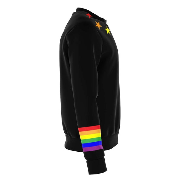 65mcmlxv black unisex sweatshirt with rainbow flag stripes on sleeve and rainbow stars on collar.