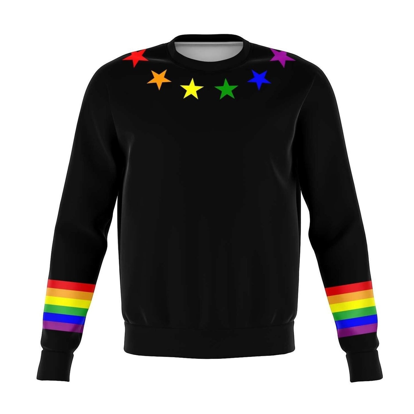 65mcmlxv black unisex sweatshirt with rainbow flag stars on shoulders and rainbow stripes on sleeves. Made from recycled polyester and spandex.