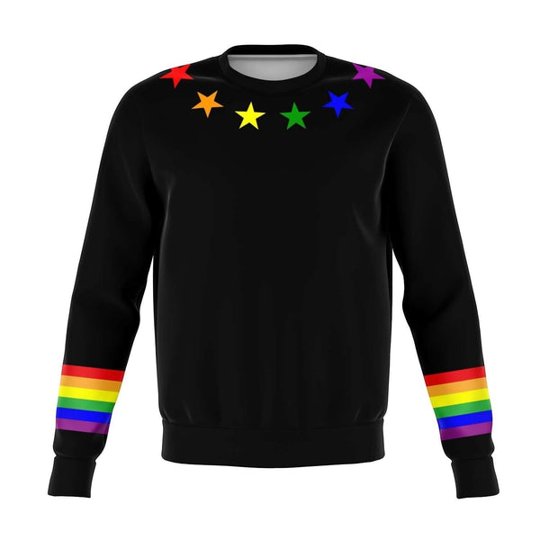 65mcmlxv black unisex sweatshirt with rainbow flag stars on shoulders and rainbow stripes on sleeves. Made from recycled polyester and spandex.