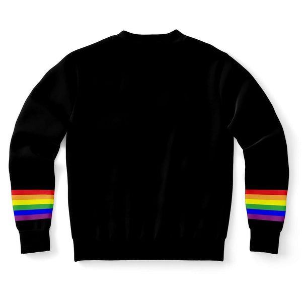 65mcmlxv black unisex sweatshirt with rainbow flag stripes on the cuffs, made from recycled polyester with fleece lining.