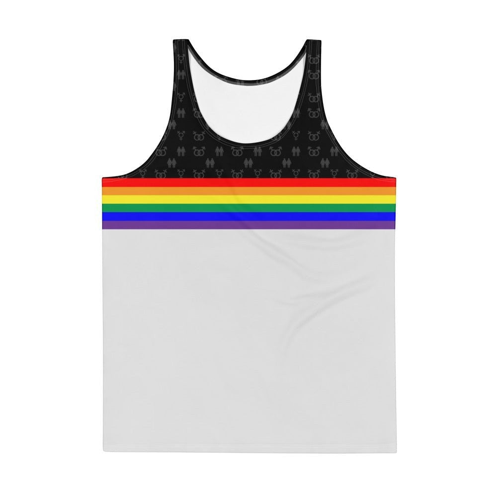 65mcmlxv Unisex tank top with rainbow stripes and LGBT symbols on black yoke. White body.