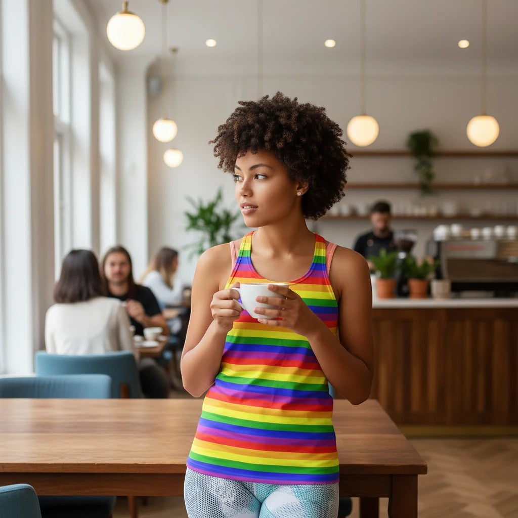 65mcmlxv sleeveless rainbow stripe print tank top made of 100% polyester, worn by a woman holding a coffee cup.