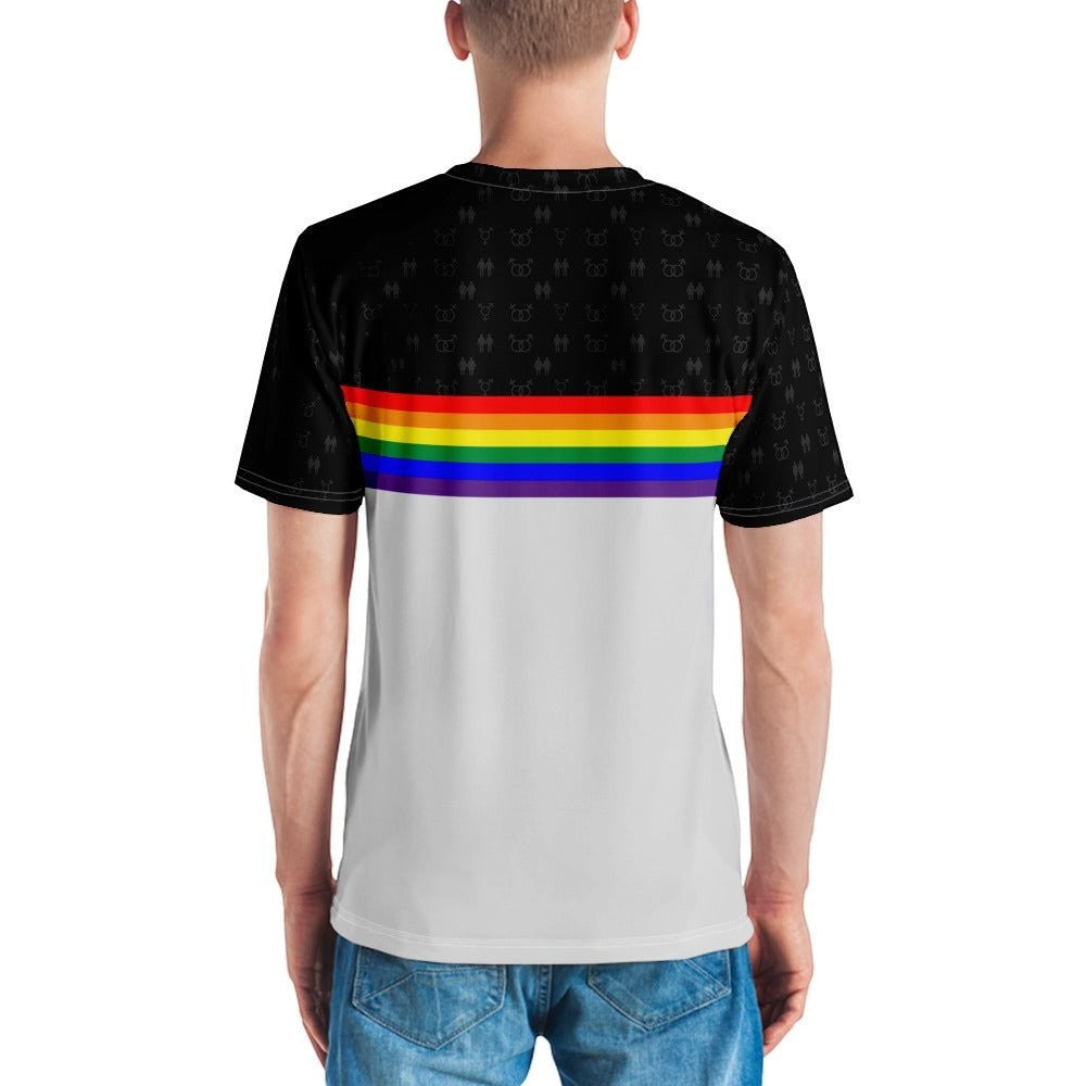 65mcmlxv Unisex t-shirt with rainbow stripes and subtle gender symbols on black sleeves and upper back.