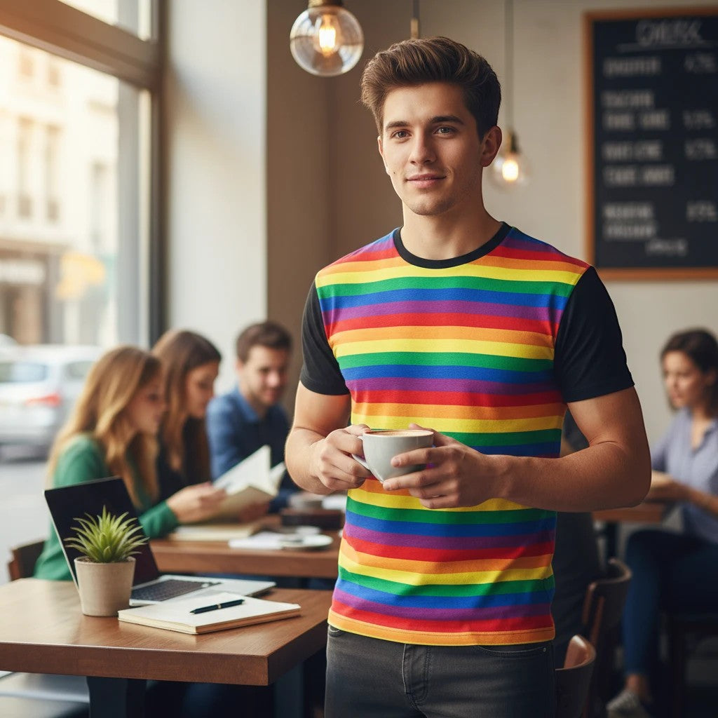 65mcmlxv unisex t-shirt with rainbow stripes and black sleeves, crew neck, polyester blend