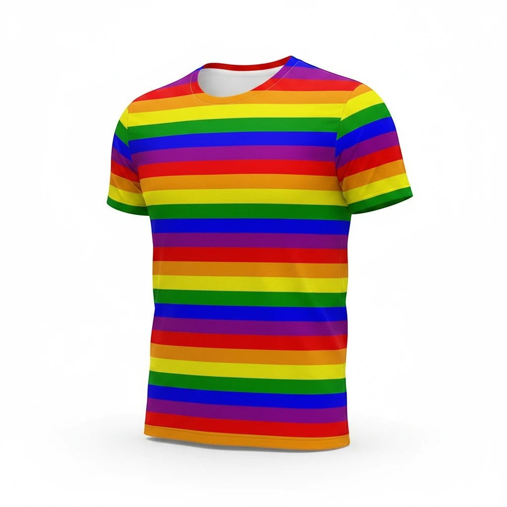 65mcmlxv unisex t-shirt with rainbow flag stripes, short sleeves, crew neck, and polyester 'cotton-feel' fabric.