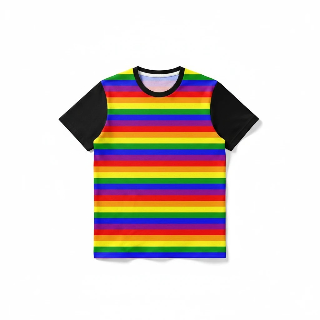 65mcmlxv unisex t-shirt with rainbow flag stripes on the front and black sleeves and back. Crew neck.