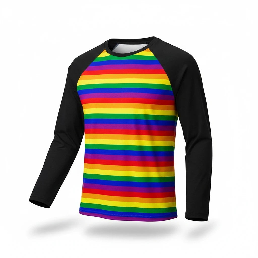 65mcmlxv unisex rainbow stripe baseball long sleeve t-shirt with black sleeves and crew neck.