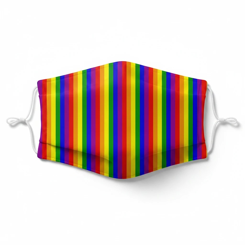65mcmlxv unisex face mask with rainbow stripes and adjustable ear loops. 7 layers with PM2.5 filter pocket.