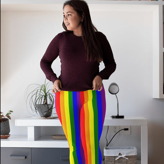 65mcmlxv women's leggings with rainbow flag stripes, polyester and spandex blend, four-way stretch, elastic waistband.