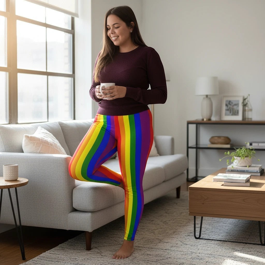 65 MCMLXV women's polyester-spandex leggings with a rainbow flag stripe print and elastic waistband.