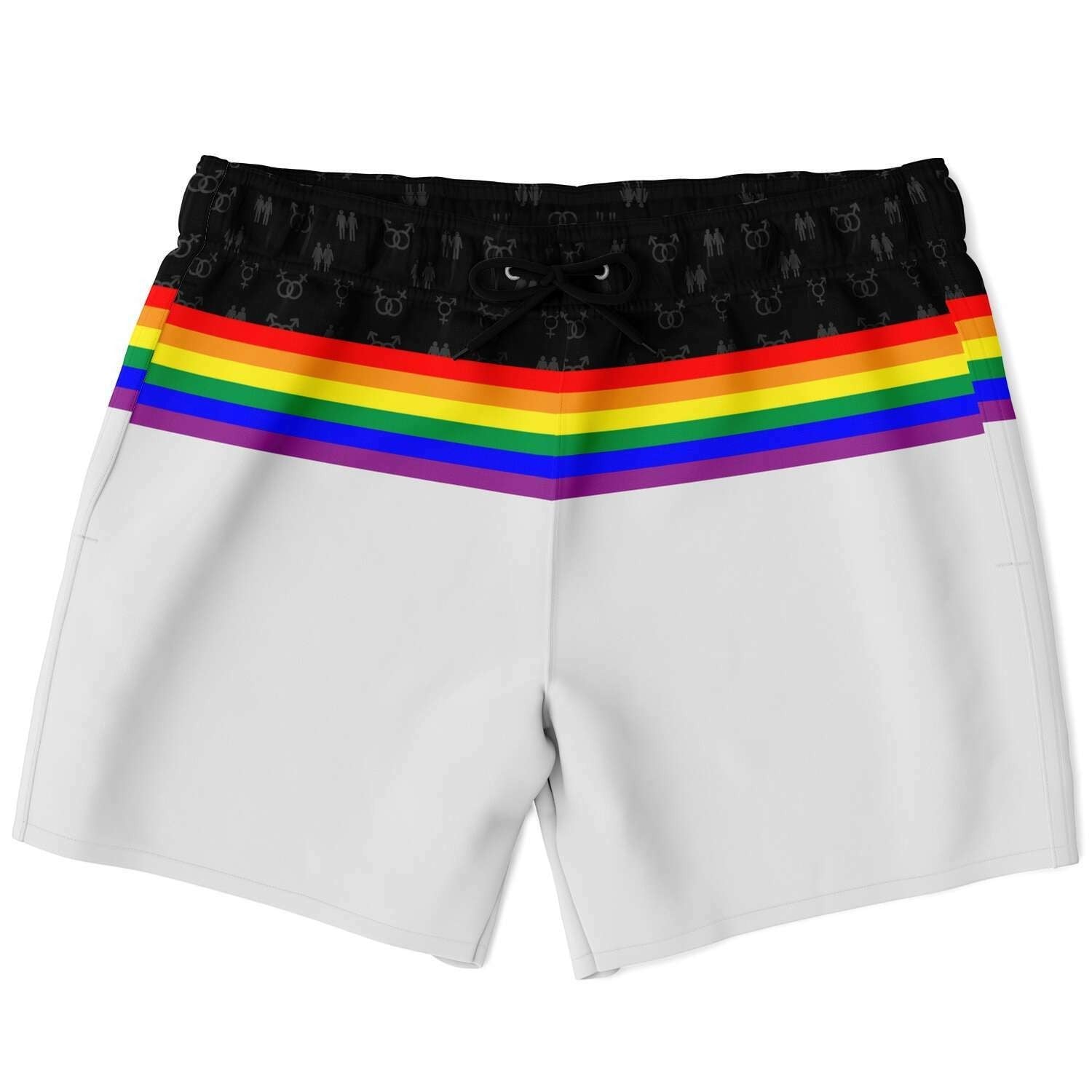 65mcmlxv men's white swim trunks with rainbow stripe detail and black waistband with subtle print.